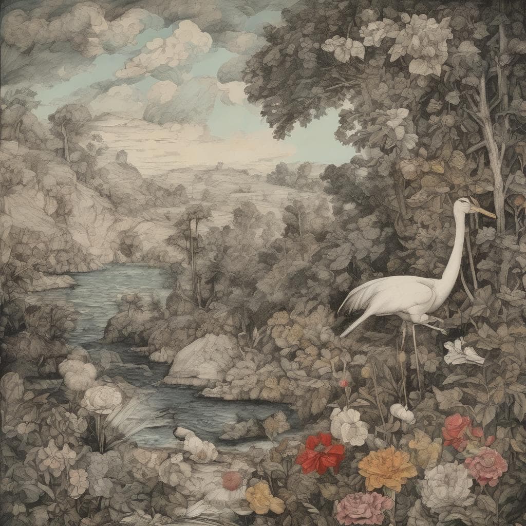 νησιωτικό τοπίο με λευκό ερωδιό και πολύχρωμα λουλούδια, τέχνη και δημιουργικότητα στη φύση, σύγχρονη καλλιτεχνική ανατροπή, inspiration.